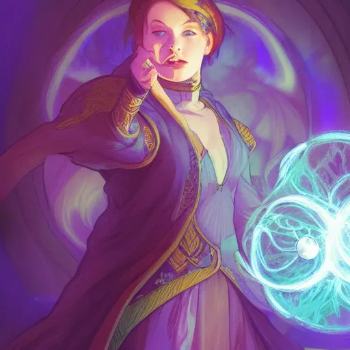 Image similar to portrait of a female mage with ball of orbs floating by her side, blueish aura by her side, dynamic pose, chromatic aberration, medium level shot, grim fantasy, illustration, mucha style, concept art,