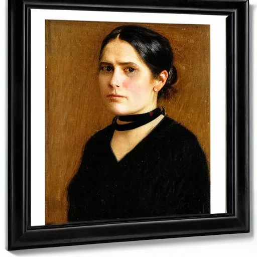 Prompt: frontal portrait of a woman with a choker and black makeup, by thomas eakins