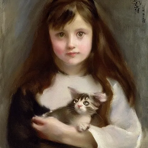 Image similar to “ dark haired girl holding a kitten, very detailed, oil painting, portrait, dark background, by john singer sargent ”