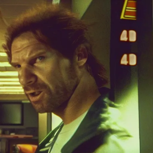 Image similar to a vhs still portrait of aphex twin breaking into the office from a gritty cyberpunk 2 0 0 0 s james cameron movie about spider - man. realism, cinematic lighting, 4 k. 8 mm. grainy. panavision.