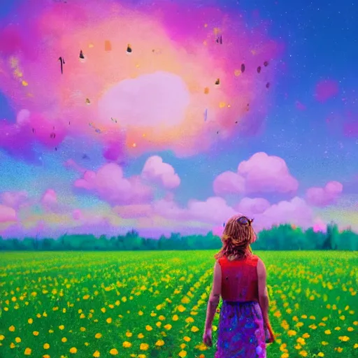 Image similar to girl walking in flower field, daisy flower as a face, full body, surreal photography, sunrise, impressionist painting, colorful clouds, digital painting, artstation, simon stalenhag, flower face