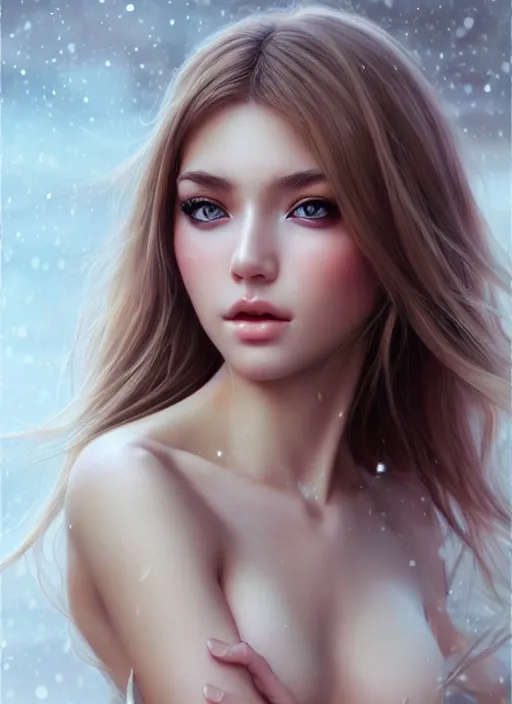 Prompt: a gorgeous female photo, professionally retouched, soft lighting, half body shot, realistic, smooth face, perfect eyes, wide angle, sharp focus on eyes, 8 k high definition, insanely detailed, intricate, elegant, art by artgerm, snow