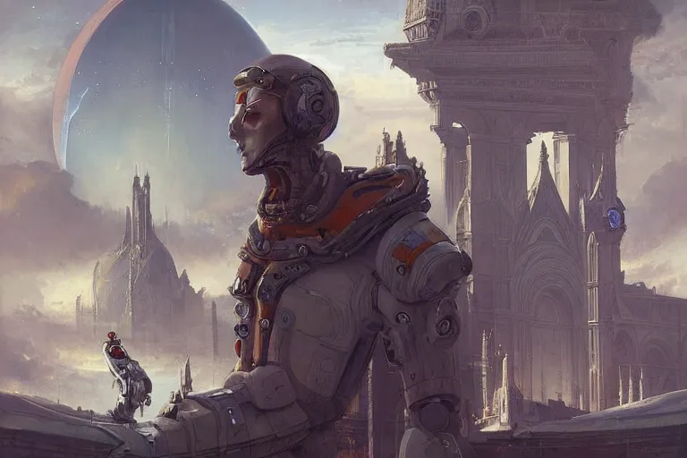 Image similar to a man in futuristic space suit looking at ancient renaissance florence italy through a time travel spaceship window, scifi, serene, refined, by wlop, peter mohrbacher, jakub rebelka, visually stunning, beautiful, masterpiece