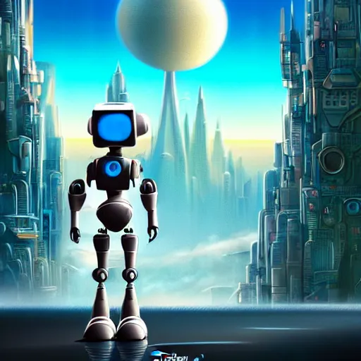 Image similar to a spectacular film poster of an adventurous boy ( facing the camera ) and his small robot friend, futuristic city background, eleborate composition with foreground and background, depth of field, fantasy illustration by kyoto studio, don bluth!!!, square enix, disney animation film, cinematic lighting