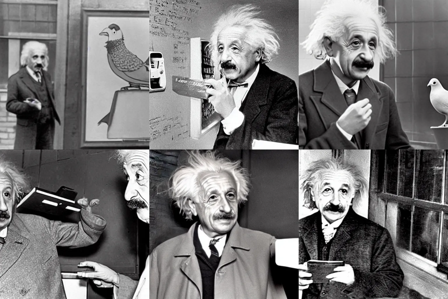 Prompt: cctv footage of albert einstein trying to communicate with a pigeon
