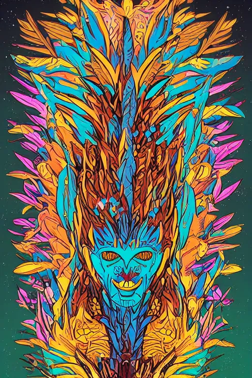 Image similar to animal mask totem roots flower tribal feather gemstone plant wood rock shaman vodoo video game vector cutout illustration vivid multicolor borderlands comics by josan gonzales and dan mumford radiating a glowing aura