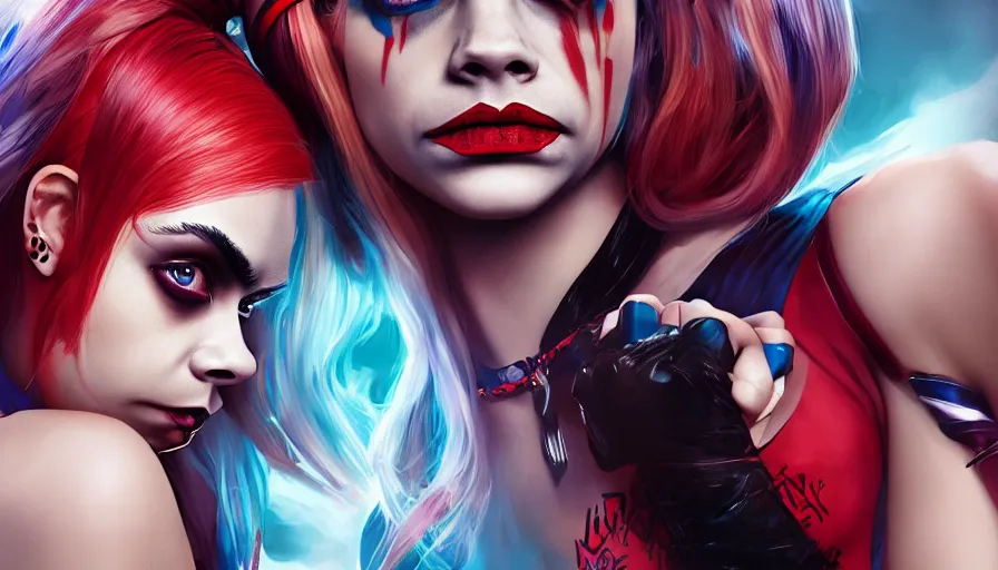 Prompt: Cara Delevingne as Harley Quinn, hyperdetailed, artstation, cgsociety, 8k