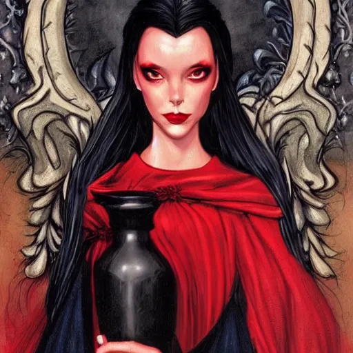 Image similar to fantasy painting of a beautiful dark princess, style of gerald brom, dark hair, black and red dress, blue eyes, sitting on a dark wooden throne, drinking coffee