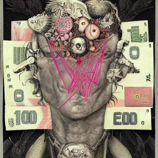 Image similar to post - punk new age album cover, asymmetrical design, dollars, bank notes, magic, apocalypse, psychedelic, black white pink, magic, giger h. r., giuseppe arcimboldo