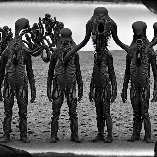 Image similar to tintype photograph, lovecraftian aliens talking with the president of the united states, desert location, highly detailed, 8 k, trending on artstation