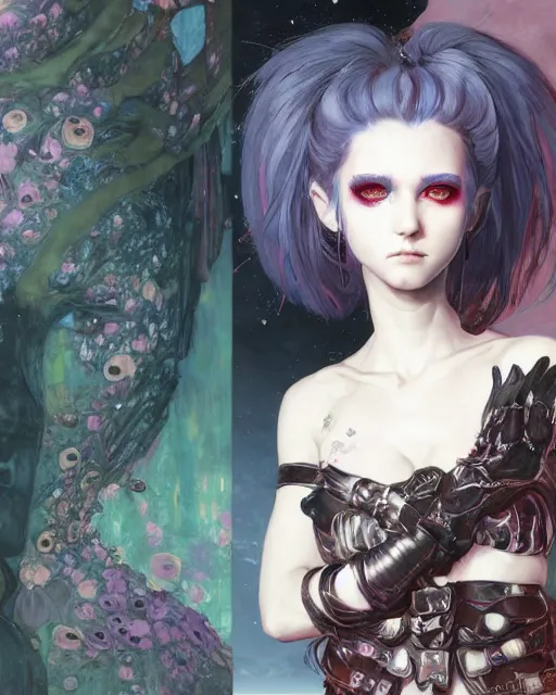 Image similar to portrait of beautiful cute young goth maiden girl with short white hairs in warhammer armor, art by ( ( ( kuvshinov ilya ) ) ) and wayne barlowe and gustav klimt and artgerm and wlop