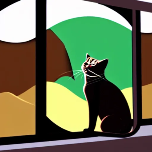 Image similar to cat watching martian landscape, standing inside a futuristic window, next to a food bowl