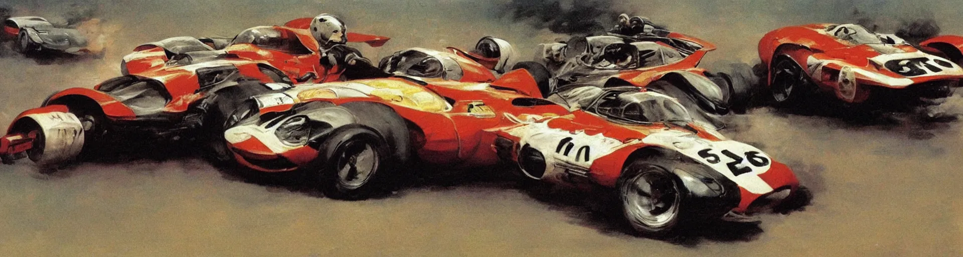 Image similar to a detailed car racing by frank frazetta