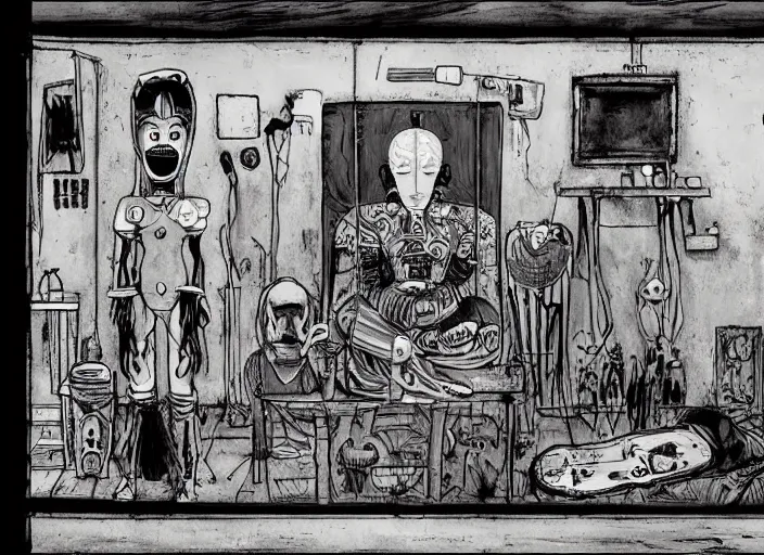 Prompt: a scene from an art housr feature film by alejandro jodorowsky, roger ballen and nobuyoshi araki : : exterior view, retro sci - fi, occult ritual : : a storyboard drawing in the style of enki bilal, moebius and mike mignola, graphic art, 4 k