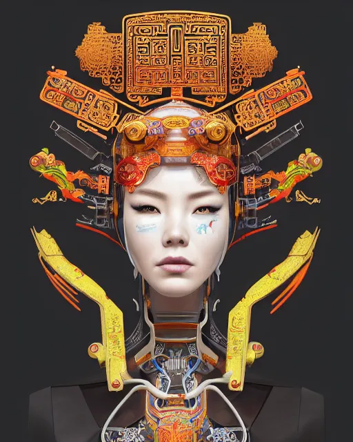 Image similar to portrait of a cyberpunk machine, machine face, upper half portrait, decorated with chinese opera motifs, asian, fine china, traditional chinese art, intricate, elegant, highly detailed, symmetry, headpiece, digital painting, artstation, concept art, smooth, sharp focus, illustration, art by artgerm and greg rutkowski and alphonse mucha, 8 k