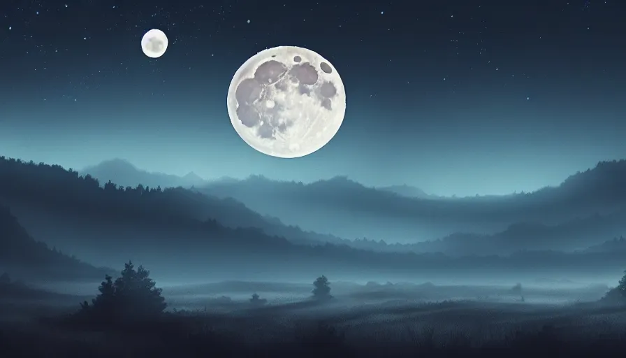 Image similar to a beautiful landscape at night, big moon on the right, stars in the sky, matte painting, dark blue tones, high contrast, intricate details, concept art, 4 k