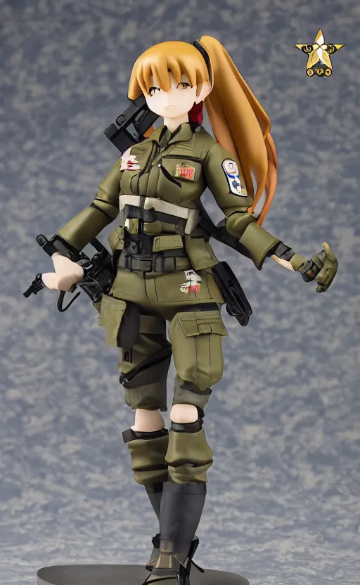 Image similar to toy design, military flags, portrait of soldier girl, girls frontline style, anime figma figure, realistic photo, flight squadron insignia, soldier clothing, realistic military gear, inspired by good smile company, 120mm, round elements, photo taken by professional photographer, by shibafu, trending on facebook, symbology, anime character anatomy, high resolution, matte, empty hands, realistic military carrier