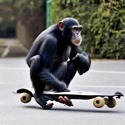 Prompt: a chimpanzee wearing a backwards cap skateboarding on a street
