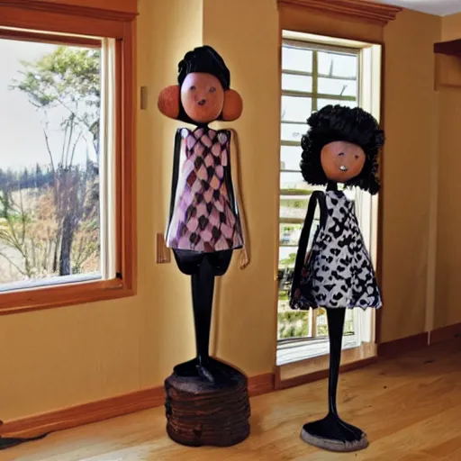 Prompt: a real estate home interior photo. a wooden mannequin family,