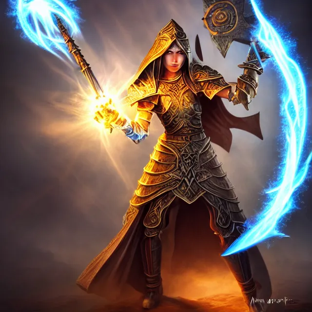 Image similar to cleric warrior with light powers, 4 k, hdr, smooth, sharp focus, high resolution, award - winning photo, anne stokes, photorealistic