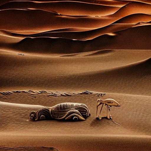 Prompt: 🐋 👽🦖🐉 🤖 🐳 in desert, photography by bussiere rutkowski andreas roch