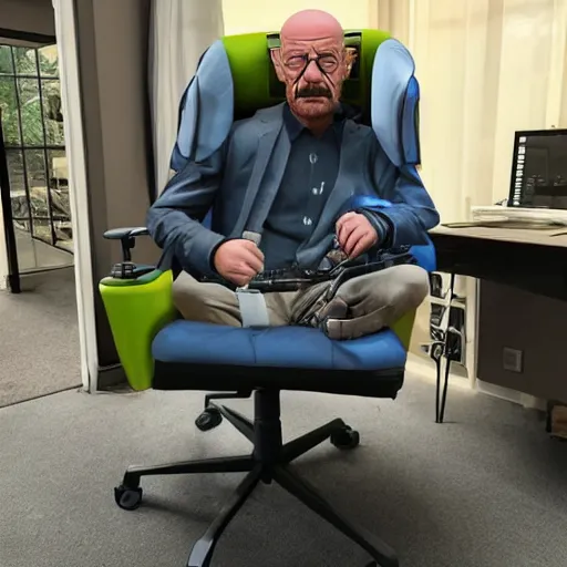 Image similar to realistic gamer walter white in real life on a gaming chair playing fortnite on his pc