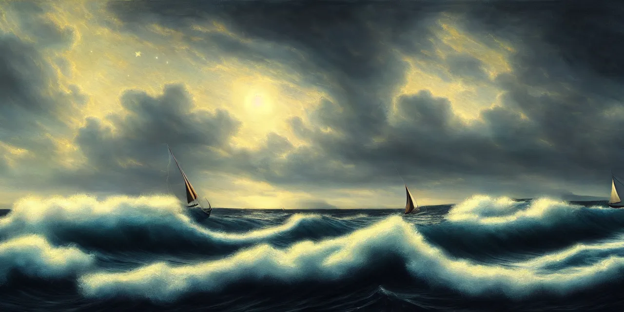 Prompt: A real photographic landscape painting with incomparable reality,Super wide,Ominous sky,Sailing boat,Wooden boat,Lotus,Huge waves,Starry night,Harry potter,Volumetric lighting,Clearing,Realistic,James gurney,artstation,8K