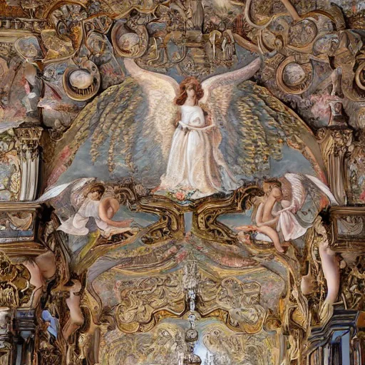 Image similar to ornate wall, full of paintings of angels, highly detailed