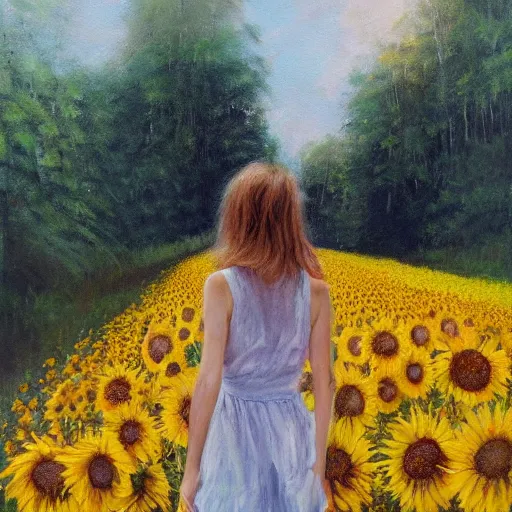 Prompt: a girl slowly walking through amazing tall sunflower field, her hair flowing down, subtle, intricate details, real masterpiece, oil on canvas, by somsak anong