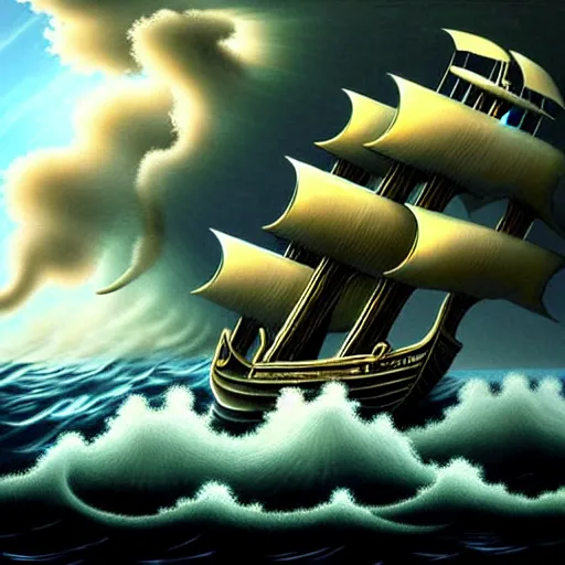 Prompt: a highly detailed hyperrealistic scene of a ship being attacked by giant squid tentacles, jellyfish, squid attack, dark, voluminous clouds, thunder, stormy seas, pirate ship, dark, high contrast