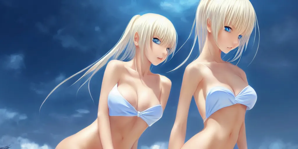 Image similar to tiny father a tall daughter picture : a very beautiful young blond anime girl, sky blue eyes, bikini, white miniskirt, highly detailed, cinematic wallpaper by stanley artgerm lau