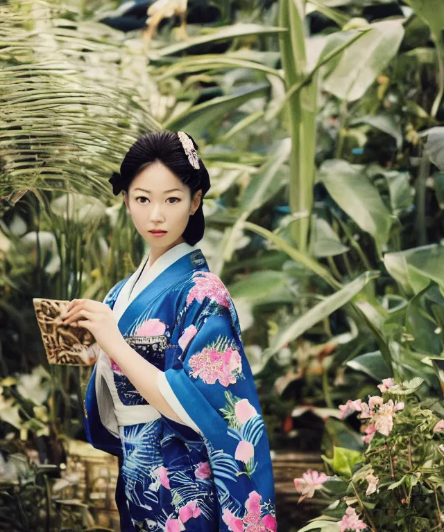 Prompt: fashion photograph of a pretty Japanese woman wearing a blue kimono in an tropical greenhouse, by Annie Leibowitz, extremely detailed, large format camera, Fuji Provia film, 85mm lens, bokeh, blurred background, photorealistic, trending on Instagram, trending on artstation