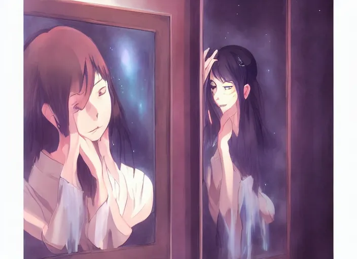 Prompt: surprised anime woman looking at into a mirror, by makoto shinkai, anime, highly detailed, digital art