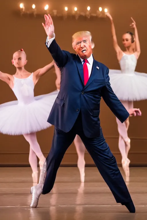 Image similar to professional photograph of donald trump dancing in a ballet, bokeh focus, beautiful ballerina trump