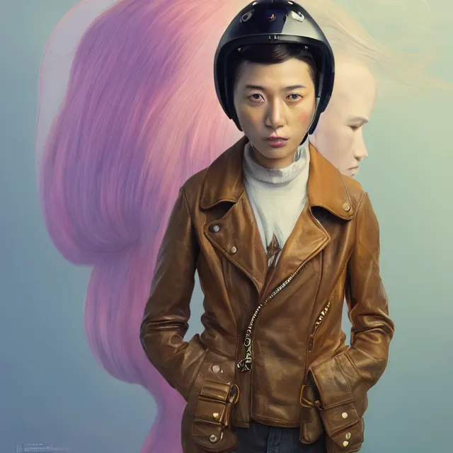 Image similar to highly detailed portrait of androgynous girl wearing bakelite leather jacket, bakelite rocky mountains, japanese haunted forest, by hsiao - ron cheng and artgerm, modular synthesizer helmet backpack, the grand budapest hotel, glow, no crop, digital art, artstation, pop art