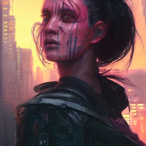 Image similar to molly millions, closeup portrait of a young beautiful female cyberpunk mercenary, mirror eye implants, black hair in a rough shag, sunset, neuromancer, street samurai, cyberpunk city background, megacity, gorgeous view, depth, painted by seb mckinnon, high detail, digital art, painted by greg rutkowski, trending on artstation