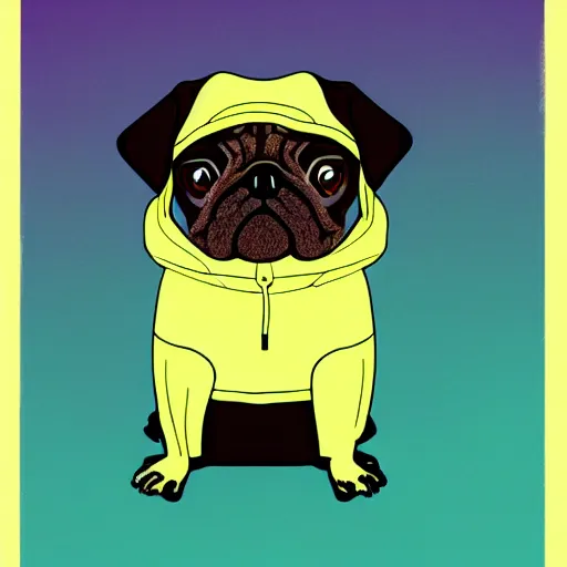 Image similar to a sad pug wearing a hoodie, the word ( sad ) is written on the hoodie in upper case letters, digital art, synthwave style, trending on artstation, matte painting