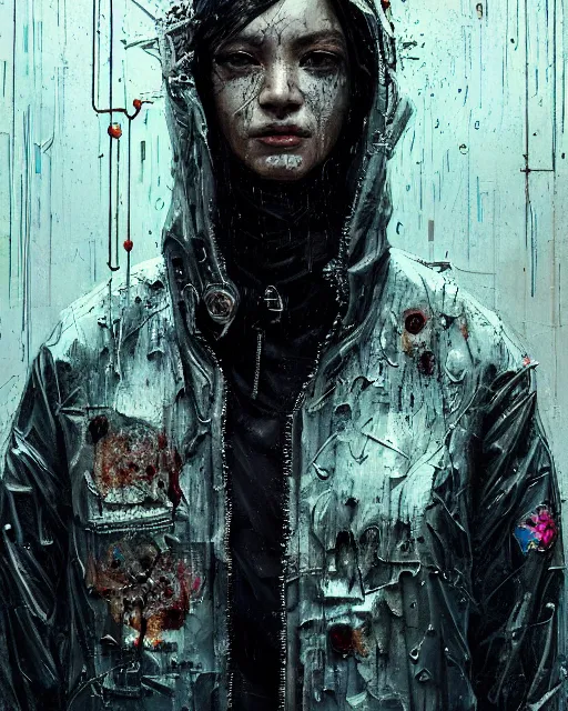 Prompt: detailed portrait, corrupt, virus, zombie, rain, cyberpunk futuristic neon, reflective puffy coat, decorated with traditional japanese ornaments by ismail inceoglu dragan bibin hans thoma greg rutkowski alexandros pyromallis nekro rene maritte illustrated, perfect face, fine details, realistic shaded, fine - face, pretty face