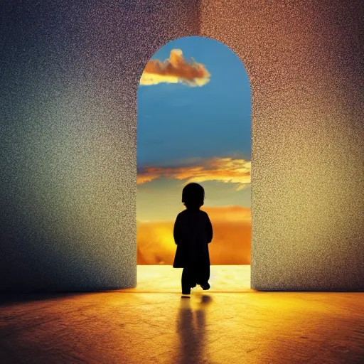 Prompt: a _ child _ walking _ down _ a _ liminal _ styled _ space _ stunning _ sunset _ in _ a _ heavenly _ crystallized _ garden _ of _ eden _ notan _ 3 d _ architecture _ single _ point _ perspective _ f 2 2 _ untra _ long _ shot _ wide _ angle _ lens _ trending _ on _ artstation