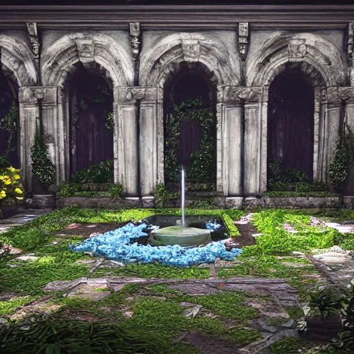 Prompt: abandoned garden inside a dark mansion, fountain, dead flowers, realistic, highly detailed, hd, unreal engine, background of resident evil game