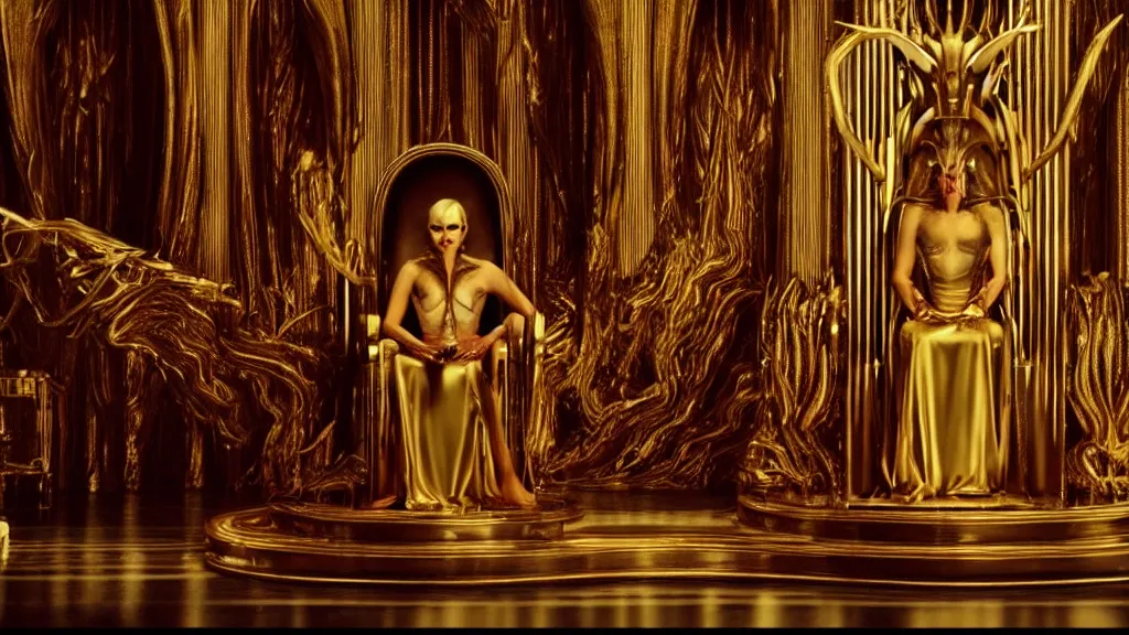 Prompt: a strange creature sits on a golden art deco throne, film still from the movie directed by Denis Villeneuve with art direction by H R Giger, wide lens