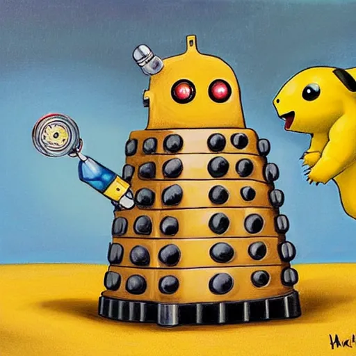 Prompt: A Dalek doing Pikachu cosplay, lowbrow painting by Mark Ryden