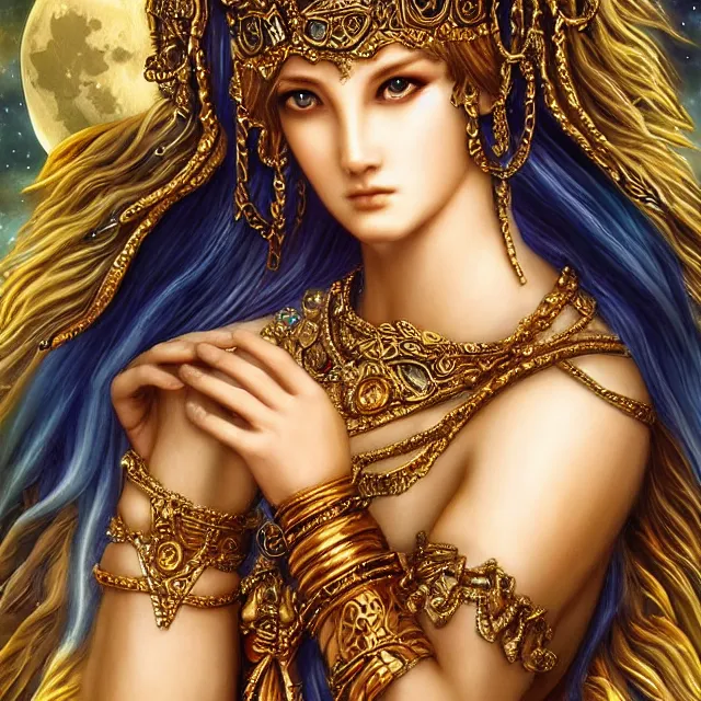 Image similar to perfectly centered close up portrait, goddess of moon, candid photography, by anne stokes, highly detailed, character concept