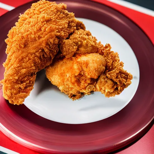 Image similar to a fried chicken milkshake with the kfc logo, next to a shrimp wearing a little red dress on a plate, food photography, studio lighting, hyper realistic, sharp focus, hyper - realistic, 8 k resolution