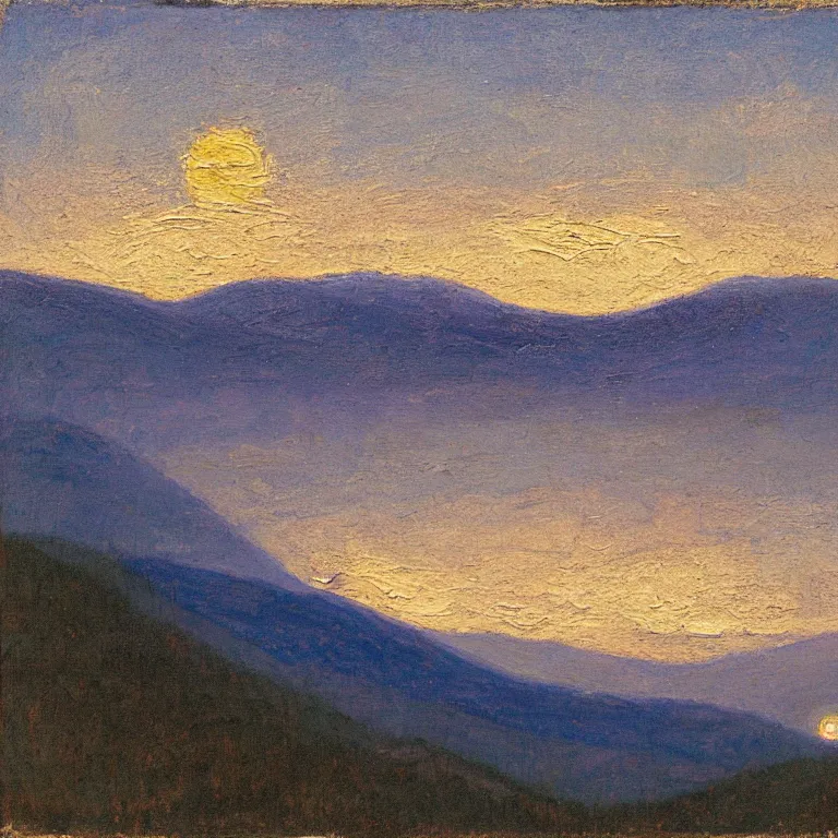 Prompt: vermont mountains, supermoon, clear sky, twilight, abbott handerson thayer oil painting, pale blue palette
