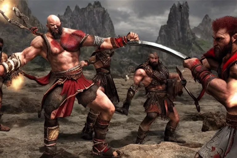 Image similar to Kratos fighting Warriors in Asgard