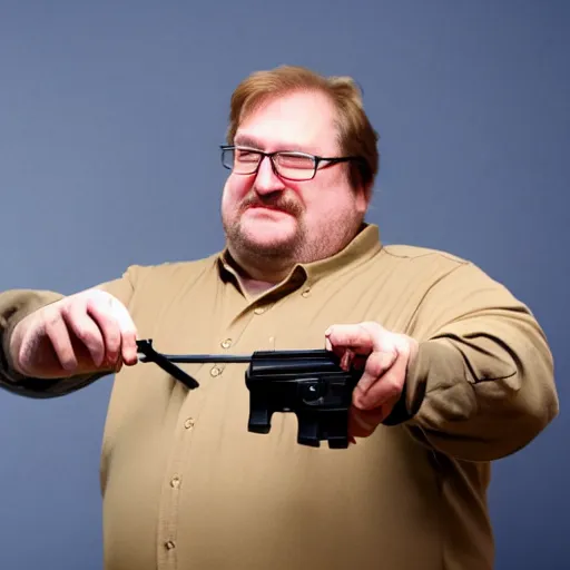 Image similar to Gabe Newell delivering a pistol to an apartment