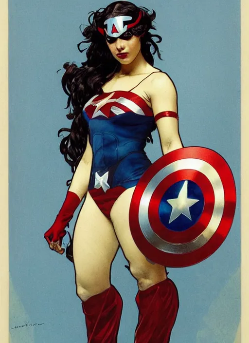 Prompt: slim young woman with a mischievous face and long aubrun wavy hair dressed as superhero in her early twenties, posing with arms tucked behind back, captain america, tight fit, curvaceous, intricate detailed face, amply proportioned, shiny, greg rutkowski, alphonse mucha