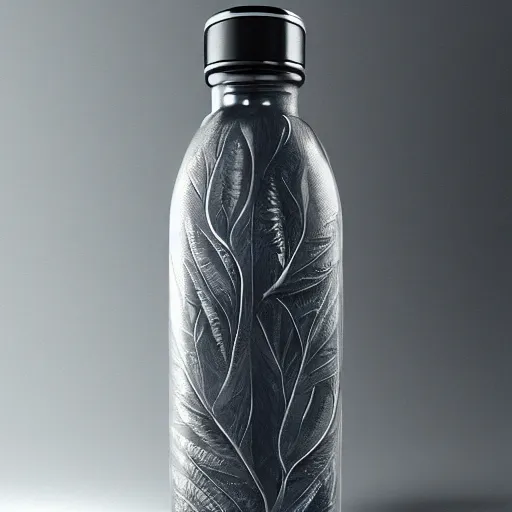 Prompt: A water bottle with a leaf design on it, Greg Rutkowski