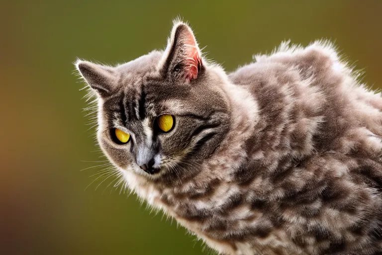 Image similar to a cat owl!!! hybrid! hyper realistic!! realistic lighting!! wildlife photographer of the year!!! bold natural colors, national geographic, hd, wide angle, 8 k